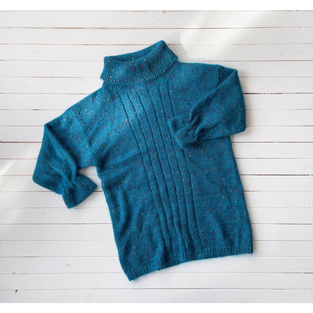 Pappagallo mohair vtg teal rainbow speckled long fuzzy turtleneck sweater‎